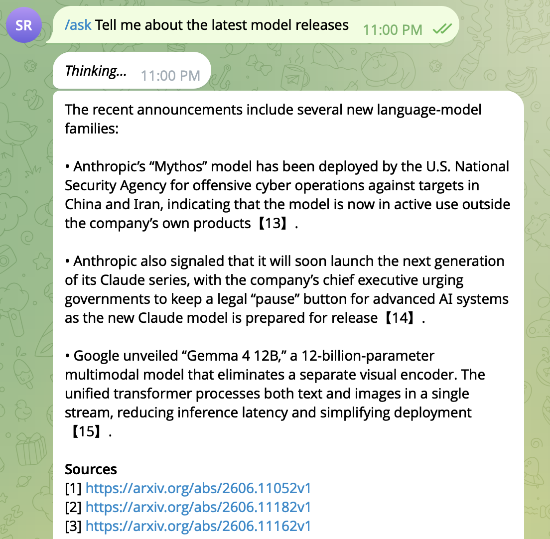 Asking the bot about the latest AI model releases, with cited sources