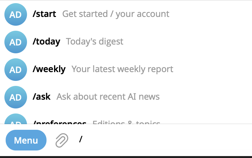 The bot's command menu in Telegram