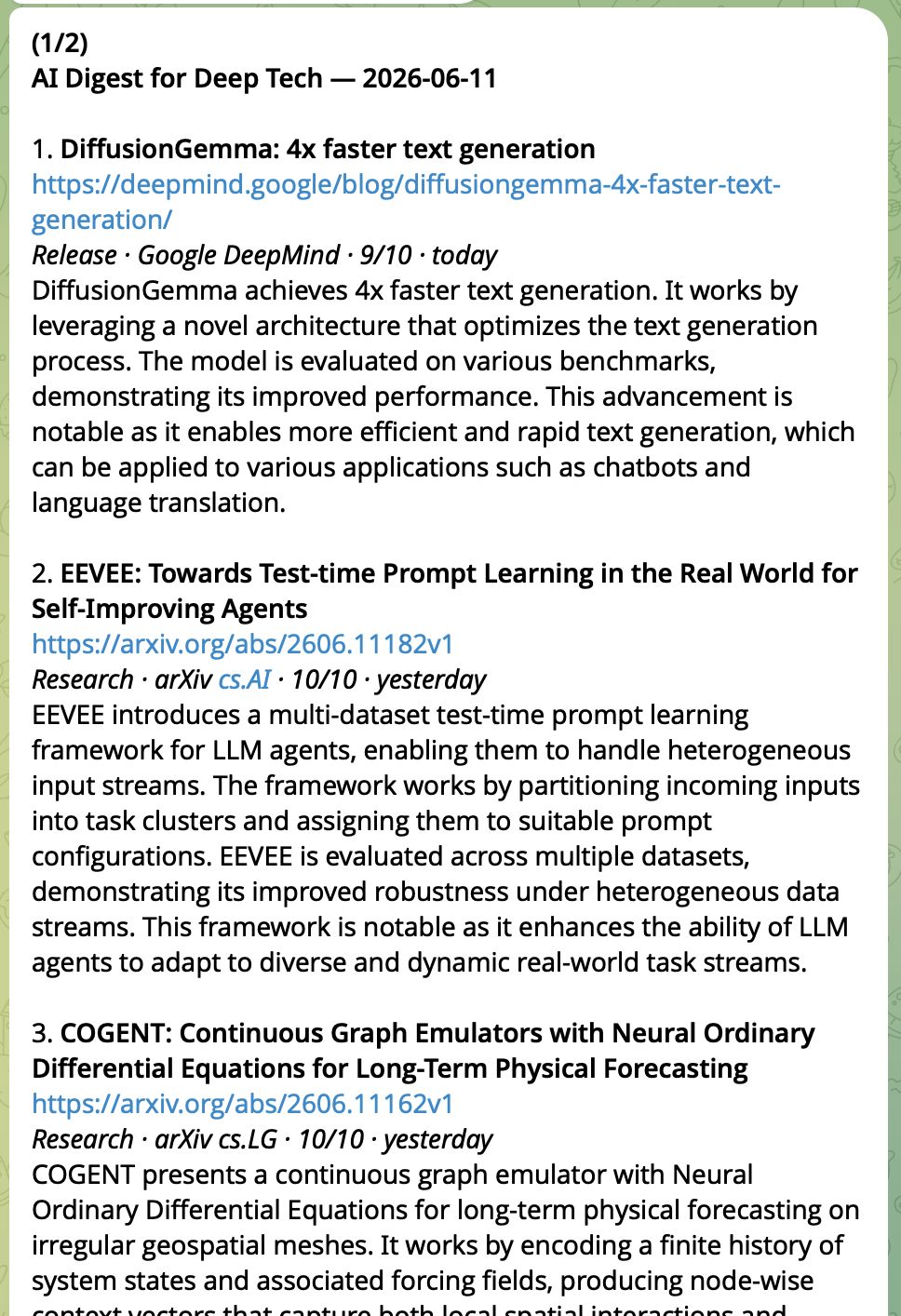 A daily Deep Tech digest in Telegram with scored, summarized stories