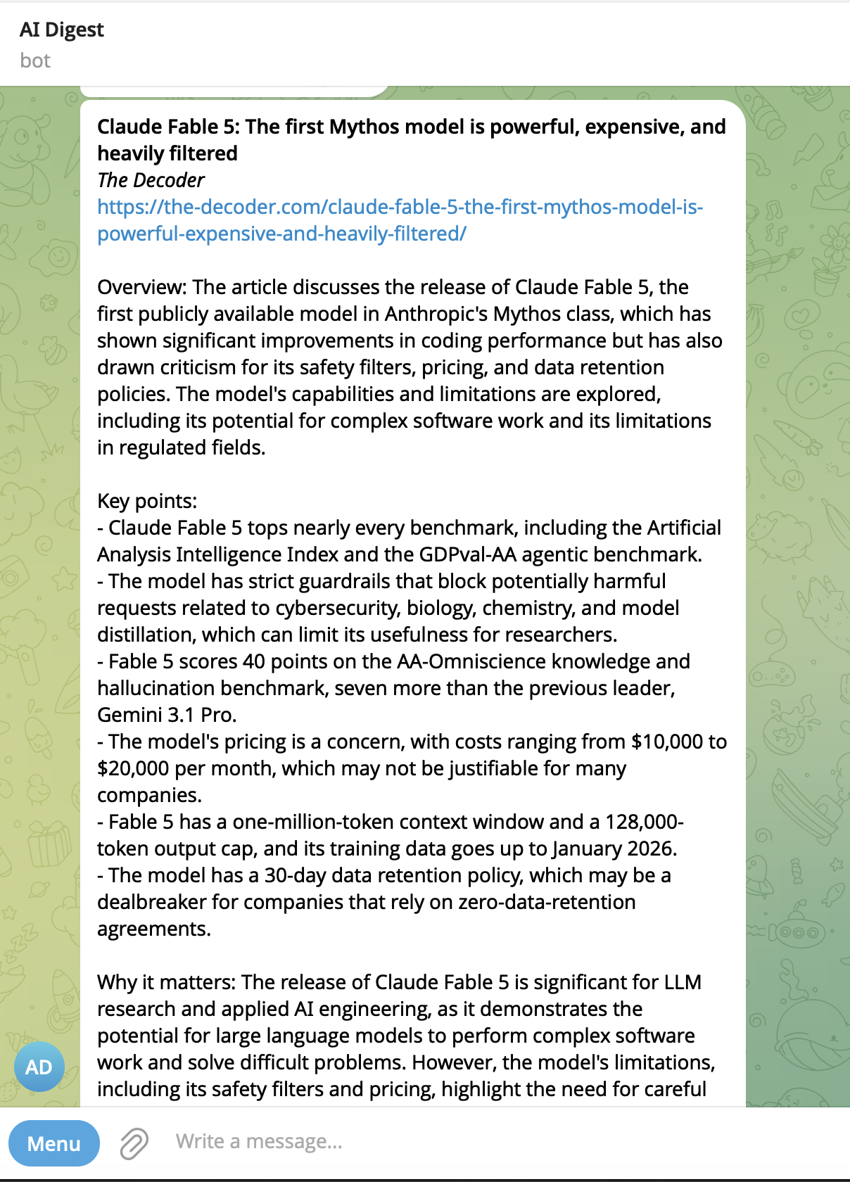 The summarise command reading a full article and returning the key points